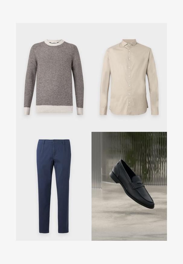 Grijs en roomkleurig gestreepte trui, ribbelboord bij de ronde halslijn en mouwen. Zachte textuur met horizontale strepen, met een relaxed fit.; Beige langermig shirt van katoen met een rechte snit, een knoopsluitbare kraag en knoopsluiting aan de voorkant. Gladde textuur zonder patronen.; Marineblauwe broek van lichtgewicht stof, met een frontale knoopsluiting, twee zijzakken en een recht gesneden ontwerp.; Zwarte leren loafer met een gladde afwerking, puntige neus en gestikte details over de wreef. Lage hak en minimalistisch ontwerp.