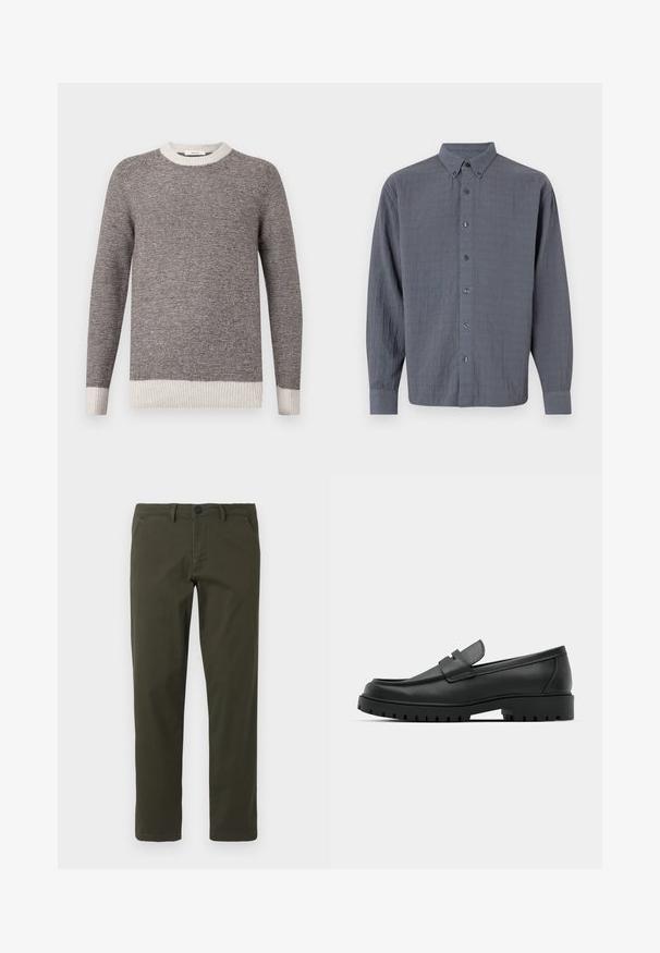 Pull rayé gris et crème, avec un col rond côtelé et des poignets. Texture douce avec des rayures horizontales, présentant une coupe décontractée.; Chemise grise à boutons, à manches longues, en tissu texturé, avec un col classique et six boutons sur le devant.; Pantalons droits en vert olive fabriqués à partir d'un mélange de coton. Présentent une fermeture éclair, des passants de ceinture et deux poches latérales. Texture lisse.; Mocassins en cuir noir à bout arrondi, avec un design cousu, une semelle plateforme basse et une semelle en caoutchouc texturée et crantée.