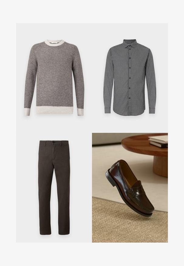 Grijs en roomkleurig gestreepte trui, ribbelboord bij de ronde halslijn en mouwen. Zachte textuur met horizontale strepen, met een relaxed fit.; Zwart-wit geruit shirt met lange mouwen en een button-down kraag, met een regular fit en knoopsluiting aan de voorkant. Geweven stof met textuur.; Bruine broek van een gestructureerde stof, met een rechtlopende pasvorm, een enkele knoopsluiting en een minimalistische stijl.; Bruine leren instappers met een glanzende afwerking, voorzien van een gestikt detail aan de voorkant en een low-profile zwarte rubberen zool.