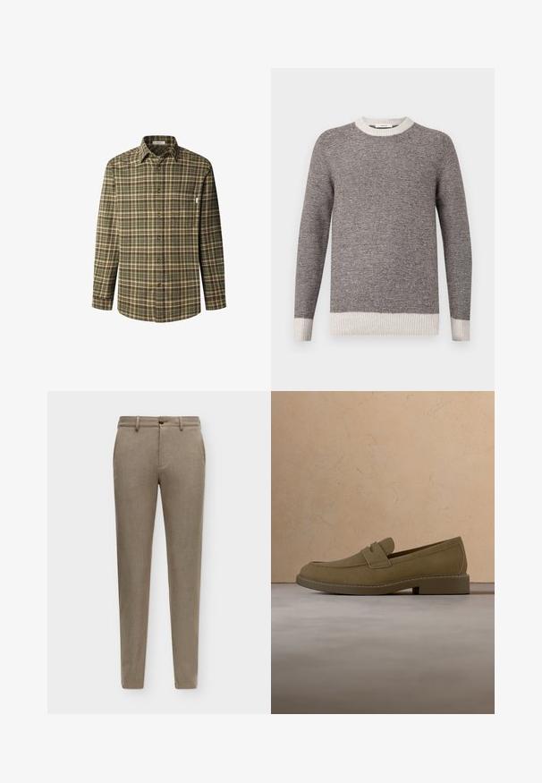 Grijs en roomkleurig gestreepte trui, ribbelboord bij de ronde halslijn en mouwen. Zachte textuur met horizontale strepen, met een relaxed fit.; Knoopshirt in een groene en bruine ruitpatroon, lange mouwen, kraag, borstzak, gemaakt van een gestructureerde katoen stof met bruine knopen.; Beige slimfit broek met riemlussen, knoop aan de voorkant en zijzakken, weergegeven op een effen achtergrond.; Bruine suède loafer die boven een beige, gestructureerd tapijt zweeft in een woonkamer met een houten salontafel en opgestapelde boeken.