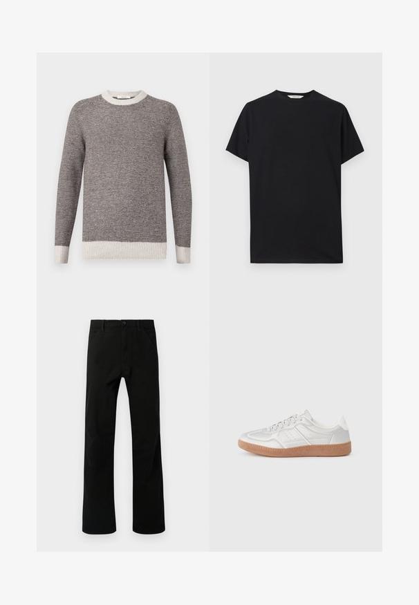 Grijs en roomkleurig gestreepte trui, ribbelboord bij de ronde halslijn en mouwen. Zachte textuur met horizontale strepen, met een relaxed fit.; Zwarte t-shirt met korte mouwen van zacht katoen. Ronde hals met een relaxte pasvorm, voorzien van nette, eenvoudige lijnen en geen zichtbare patronen.; Zwarte rechte broek met voorzakken, knoopsluiting en lussen voor een riem, weergegeven tegen een witte achtergrond.; Zilveren sneakers met een gladde textuur, vetersluiting, geperforeerde accenten en een gestructureerde bruine rubberen zool.