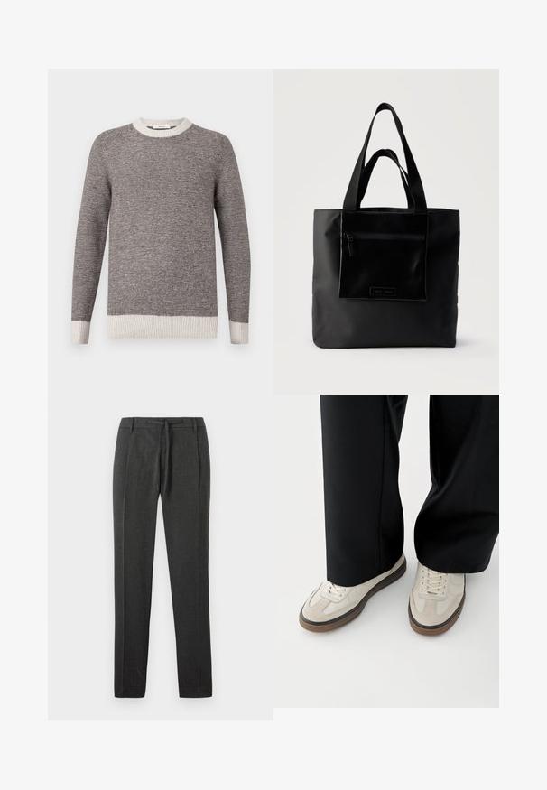 Jersey a rayas gris y crema, con cuello redondo acanalado y puños. Textura suave con rayas horizontales, que presenta un ajuste holgado.; Pantalones gris oscuro con una tela texturizada, diseño de pierna recta, pliegues frontales y una cintura con cordón. Sin bolsillos ni acentos visibles.; Pies con zapatillas beige con suelas marrones y pantalones negros de pierna ancha sobre un fondo blanco.; Bolso tote negro con bolsillo frontal con cremallera y asas dobles, sobre un fondo claro y liso.