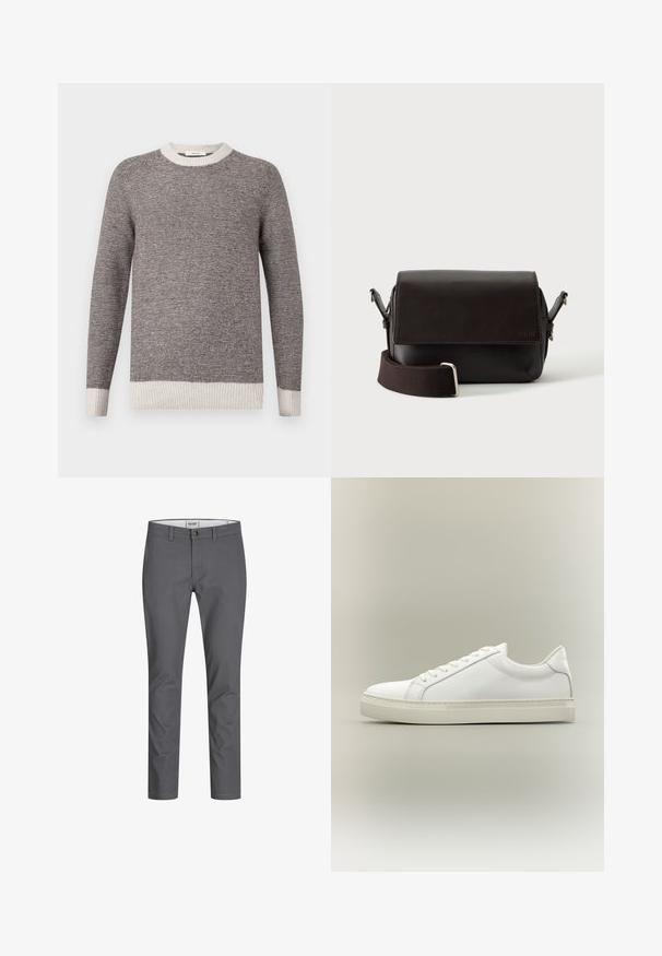 Pull rayé gris et crème, avec un col rond côtelé et des poignets. Texture douce avec des rayures horizontales, présentant une coupe décontractée.; Pantalon en coton gris à coupe droite, doté d'une fermeture à bouton à l'avant et de passants de ceinture. Texture lisse sans motifs ni accents visibles.; Baskets blanches basses à lacets sur l’avant et semelle épaisse, vues de côté sur un fond neutre.; Sac bandoulière en cuir marron foncé avec fermeture à rabat et sangle en tissu réglable sur fond blanc.