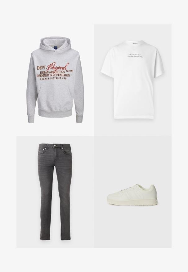Grå hoodie med en kængurulomme, der har kontrasterende rød og brun tekst: "DEPT. Originals EST.90 Urban Aesthetics Designet i København."; Hvid T-shirt med korte ærmer og lille sort tekst på brystet, der lyder: "Gode ting tager tid, derfor er jeg altid forsinket."; Grå denimjeans med slim fit, der har et klassisk fem-lomme design, front lukning med knap og svag tekstureret detaljering over hele stoffet.; Hvide sneakers med en glat læderoverflade, snørebånd, perforerede detaljer og tre diagonale striber på siden. Gummisål.