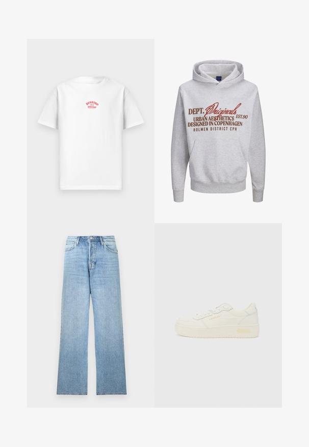 Grijze hoodie met een kangoeroezak, voorzien van contrasterende rode en bruine tekst: "DEPT. Originals EST.90 Urban Aesthetics Ontworpen in Kopenhagen."; Witte katoenen T-shirt met een rode bedrukt ontwerp dat "Perdido en el paraíso" op de borst leest, korte mouwen, relaxte pasvorm.; Lichtblauwe spijkerbroek met een rechte pijp, topknoopsluiting, vijf zakken en rafelige zoom.; Lage witte sneaker met veters aan de voorkant, dikke zool en subtiele "REPLAY" branding op de zijkant en hiel, getoond in profiel.