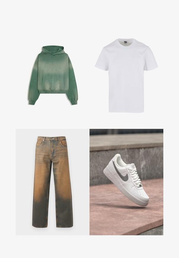 Grøn falmet hættetrøje med en stor kængurulomme foran, lange ærmer, ribbede manchetter og en let cropped kant.; Hvid bomulds t-shirt med rund halsudskæring, korte ærmer og en afslappet pasform. Glat tekstur uden synlige mønstre eller detaljer.; Videbenede jeans i slidte blå og brune denim. Har høj talje, forlommer og en klassisk knaplukning med metaldetaljer.; Hvid Nike Air Force 1 sneaker med gråt swoosh-logo svævende over en stensurface og en grå stenvæg i baggrunden.