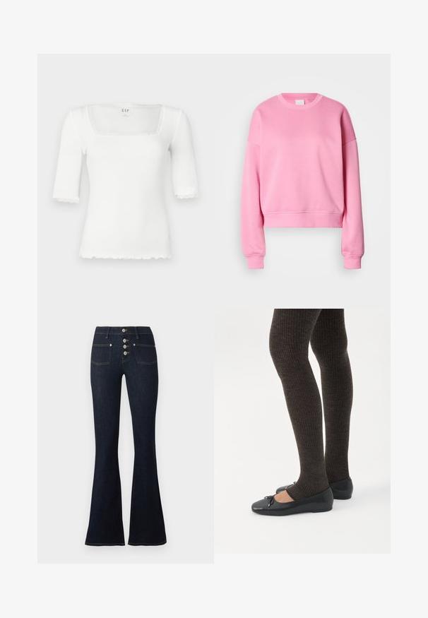 Sweat-shirt court rose avec un col rond, des épaules tombantes et des poignets côtelés. Le tissu semble doux avec une texture lisse.; Haut blanc ajusté avec un décolleté carré et des manches courtes. Présente une bordure en dentelle le long du col et des bords des manches. Confectionné dans un matériau côtelé.; Jean flare taille haute bleu foncé avec fermeture devant à quatre boutons et deux poches avant, présenté sur fond blanc.; Jambes portant des leggings côtelés foncés associés à des ballerines noires avec de petits détails en nœud sur fond blanc.