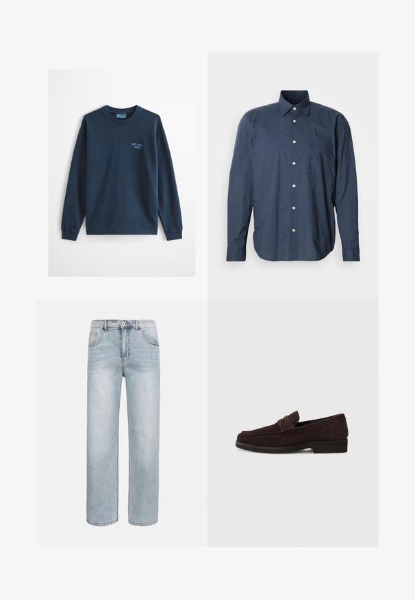 Sweat-shirt bleu clair à col rond avec manches longues et petit logo "Marc O'Polo Denim" sur le côté gauche de la poitrine.; Chemise bleu marine à manches longues, à motif à petits carreaux, avec une poche poitrine unique et des boutons blancs sur fond uni.; Jean bleu clair à jambes droites avec poches avant, fermeture par bouton et légère décoloration sur les cuisses et les genoux.; Mocassins en daim marron avec une silhouette basse et un embout arrondi. Présentent une sangle décorative sur le dessus, une semelle en caoutchouc plate et sans couture visible.