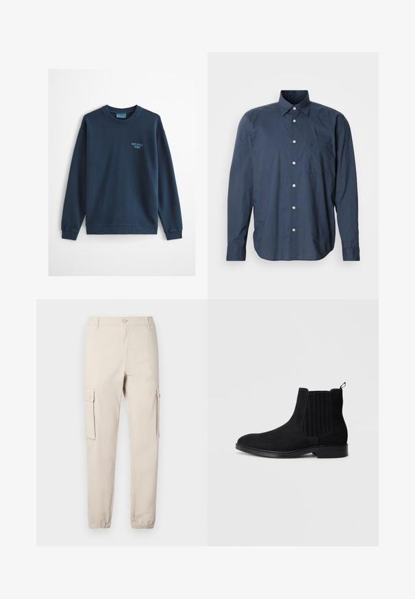 Sweat-shirt bleu clair à col rond avec manches longues et petit logo "Marc O'Polo Denim" sur le côté gauche de la poitrine.; Chemise bleu marine à manches longues, à motif à petits carreaux, avec une poche poitrine unique et des boutons blancs sur fond uni.; Pantalon cargo beige avec deux poches latérales, une fermeture à boutons, des poignets élastiques et une coupe droite. Confectionné en tissu de coton résistant.; Bottine Chelsea en suède noir avec panneaux latéraux élastiques, bout arrondi, texture subtile et tirant à l'arrière. Semelle plate en caoutchouc.