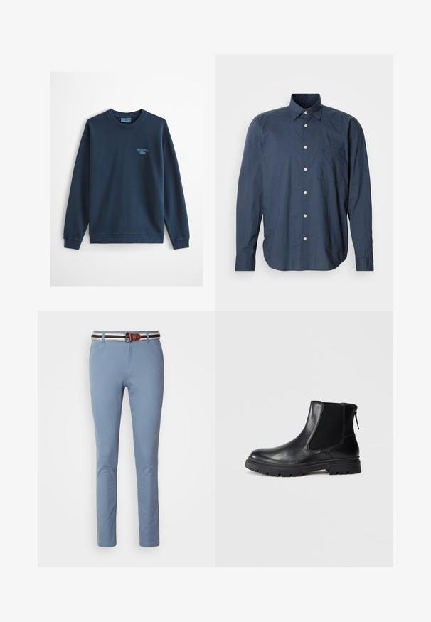 Svetlomodrá mikina s okrúhlym výstrihom, dlhými rukávmi a malým logom "Marc O'Polo Denim" na ľavej strane hrudníka.; Námornícka modrá košeľa s dlhými rukávmi, malý károvaný vzor, jedno vrecko na prsiach a biele gombíky na jednofarebnom pozadí.; Svetlomodré nohavice s úzkym strihom, s hnedým koženým opaskom s bielymi a námorníckymi prúžkami. Hladká štruktúra látky, klasický dizajn.; Čierne kožené členkové topánky s hladkým povrchom, elastickými sieťovými bočnými panelmi a robustnou podrážkou s viditeľným vzorom zvršku.