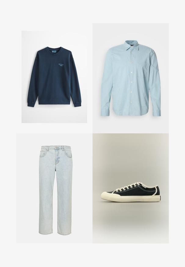 Sweat-shirt bleu clair à col rond avec manches longues et petit logo "Marc O'Polo Denim" sur le côté gauche de la poitrine.; Chemise à manches longues à carreaux bleu clair avec un col boutonné, une poche poitrine et des boutons blancs. Fabriquée dans un tissu lisse.; Jean denim bleu clair droit avec poches avant, passants de ceinture et fermeture par bouton sur un fond uni.; Baskets basses en toile noire avec semelle en caoutchouc blanche, bout renforcé, lacets et détails de couture sur fond neutre.
