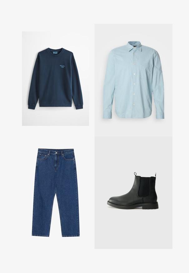 Sweat-shirt bleu clair à col rond avec manches longues et petit logo "Marc O'Polo Denim" sur le côté gauche de la poitrine.; Chemise à manches longues à carreaux bleu clair avec un col boutonné, une poche poitrine et des boutons blancs. Fabriquée dans un tissu lisse.; Jeans en denim bleu foncé, avec une coupe droite, des poches avant et une braguette à bouton avec des coutures contrastées.; Bottines Chelsea en cuir noir avec des panneaux élastiques sur les côtés, des languettes de tirage, un bout arrondi et une semelle en caoutchouc texturée. Surface lisse et design robuste.