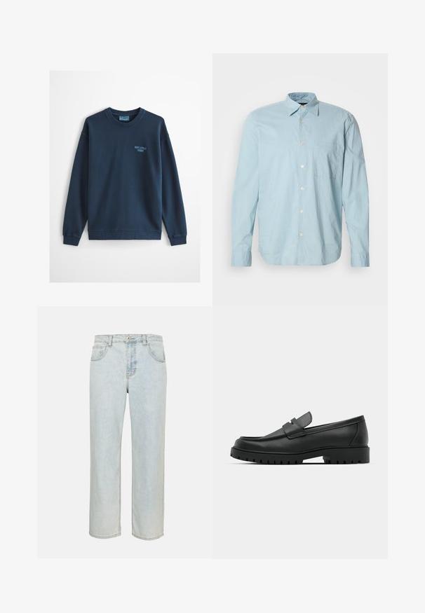 Sweat-shirt bleu clair à col rond avec manches longues et petit logo "Marc O'Polo Denim" sur le côté gauche de la poitrine.; Chemise à manches longues à carreaux bleu clair avec un col boutonné, une poche poitrine et des boutons blancs. Fabriquée dans un tissu lisse.; Jean denim bleu clair droit avec poches avant, passants de ceinture et fermeture par bouton sur un fond uni.; Mocassins en cuir noir à bout arrondi, avec un design cousu, une semelle plateforme basse et une semelle en caoutchouc texturée et crantée.