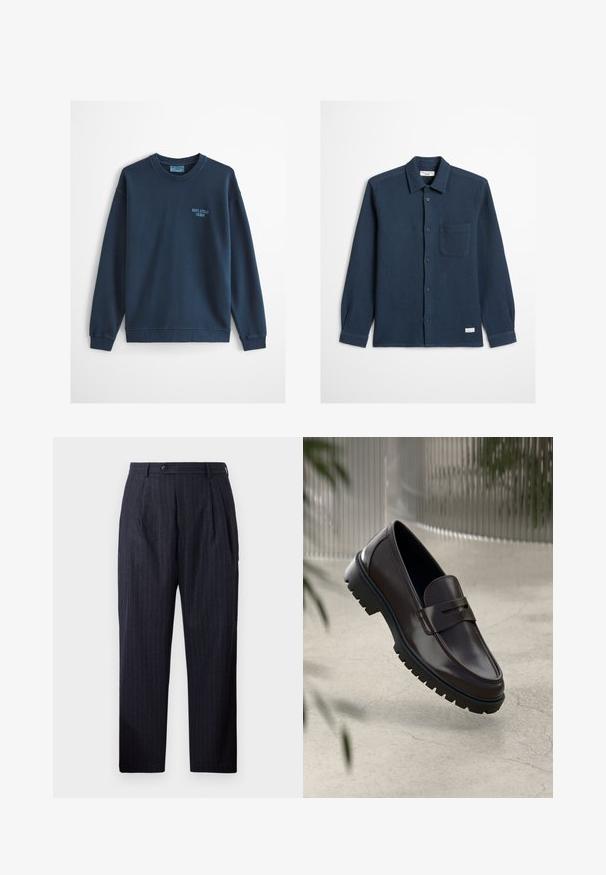 Hele sinine ümmarguse kaelusega dressipluus pikkade varrukatega ja väike "Marc O'Polo Denim" logo vasakul rinnal.; Tumesinine nööpidega särk, tekstuuriga vahvliriie, pikad varrukad, üks rindtasku ja silt alumisel äärel.; Tumestriipidega püksid, mis on valmistatud tekstuursetest kangast, millel on nööbiga kinnitamine, kaks eesmist voldikut ja sirge jala disain.; Tumedad nahkkingad tekstureeritud, soonilise kummitaldaga. Omab elegantsest disainist ja dekoratiivset rihma üle jala.