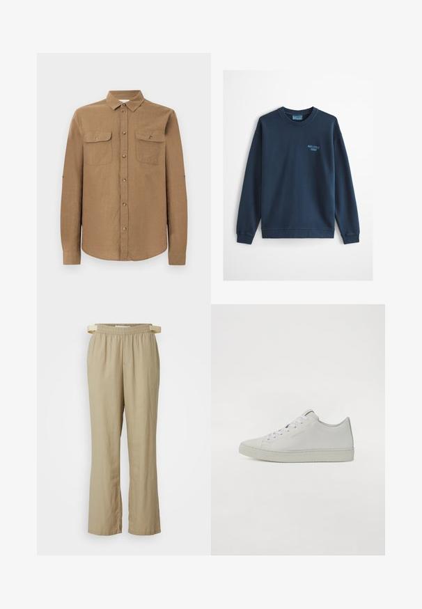 Sweat-shirt bleu clair à col rond avec manches longues et petit logo "Marc O'Polo Denim" sur le côté gauche de la poitrine.; Chemise marron à manches longues avec boutons, col et deux poches poitrine devant, présentée sur un fond gris clair uni.; Pantalons beige à jambes larges en tissu léger. Taille élastique avec cordon de serrage. Comprend des poches avant et des jambes droites.; Baskets en cuir blanc au design bas, avec des lacets ronds, des coutures minimales et une semelle en caoutchouc texturée.