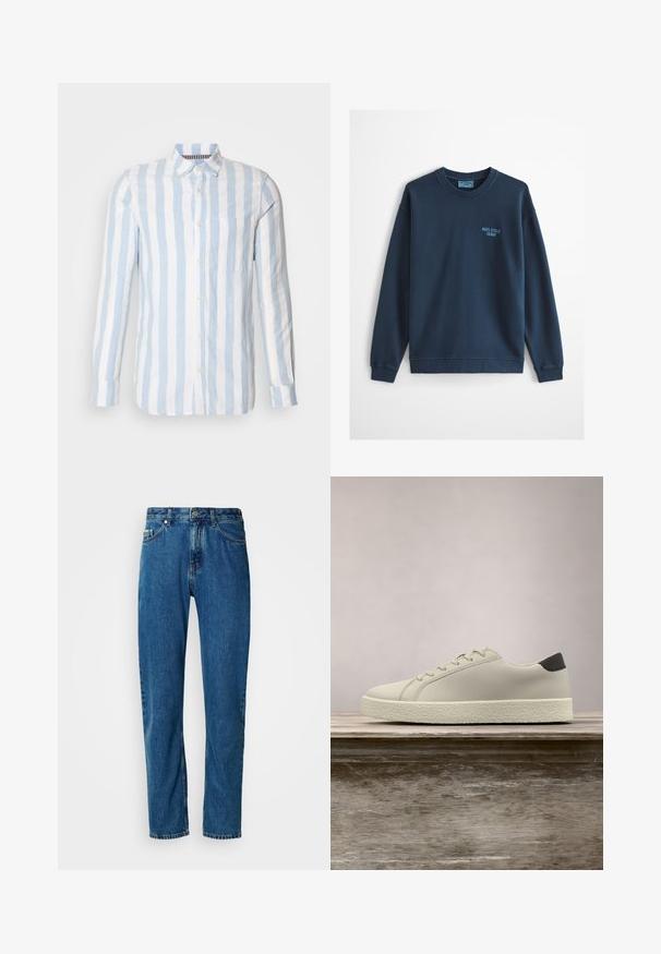 Hellblaues Sweatshirt mit Rundhalsausschnitt, langen Ärmeln und kleinem "Marc O'Polo Denim" Logo auf der linken Brust.; Hellblaue und weiße gestreifte Langarmbluse aus Leinen mit Knopfleiste und einer einzelnen Brusttasche.; Blaue gerade geschnittene Jeans aus Denim mit fünf Taschen und vorderem Knopfverschluss vor einem weißen Hintergrund.; Weißer Sneaker mit strukturierter Sohle und schwarzem Absatzdetail, schwebend über einer Holzbank mit hohem grünem Gras im Hintergrund.