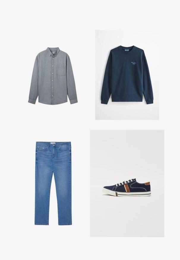 Lyseblå crewneck-sweatshirt med lange ærmer og lille "Marc O'Polo Denim"-logo på venstre bryst.; Grå skjorte med knapper foran, lange ærmer, krave, en enkelt brystlomme og et struktureret stof. Fastgjort med synlige knapper ned foran.; Lyseblå denimjeans med lige ben, femlommes design, subtil falming og metalbeslag ved taljen og lommerne.; Marineblå lærredssneakers med hvid snørelukning, brune accenter og sidestipede detaljer. Har en gummisål og kontrasterende syninger.