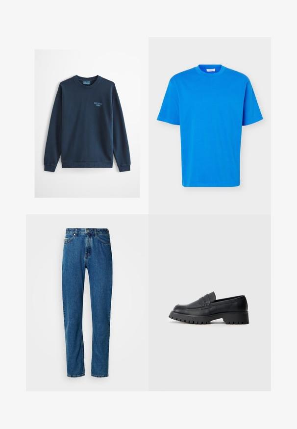 Sweat-shirt bleu clair à col rond avec manches longues et petit logo "Marc O'Polo Denim" sur le côté gauche de la poitrine.; T-shirt bleu vif à manches courtes avec col rond, coupe décontractée et étiquette de marque blanche à l'intérieur du col.; Jean en denim droit bleu avec cinq poches et fermeture à bouton à l'avant sur fond blanc.; Mocassins en cuir noir avec un bout arrondi, présentant une sangle décorative et une semelle en caoutchouc épaisse avec de profonds crampons pour une meilleure adhérence.