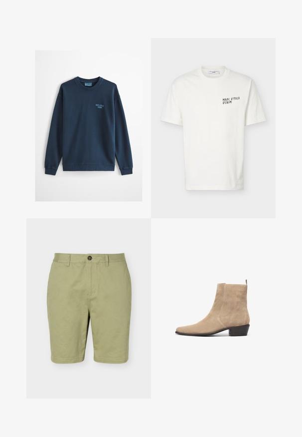 Vaaleansininen collegepaita, jossa on pyöreä pääntie, pitkät hihat ja pieni "Marc O'Polo Denim" -logo vasemmassa rinnassa.; Valkoinen lyhythihainen pyöreäkauluksinen t-paita, jossa vasemmassa rinnassa mustalla painettu "Marc O’Polo Denim" -logo.; Vaalean oliivinvihreät miesten shortsit, joissa on vyölenkit, edessä nappi ja vetoketju, esitettynä tasaisena valkoisella taustalla.; Beige mokka nilkkuri, jossa on kärjellinen tila, minimalinen muotoilu ja matala pinottu korko. Takana on vetoketju, joka helpottaa päällepantavuutta.