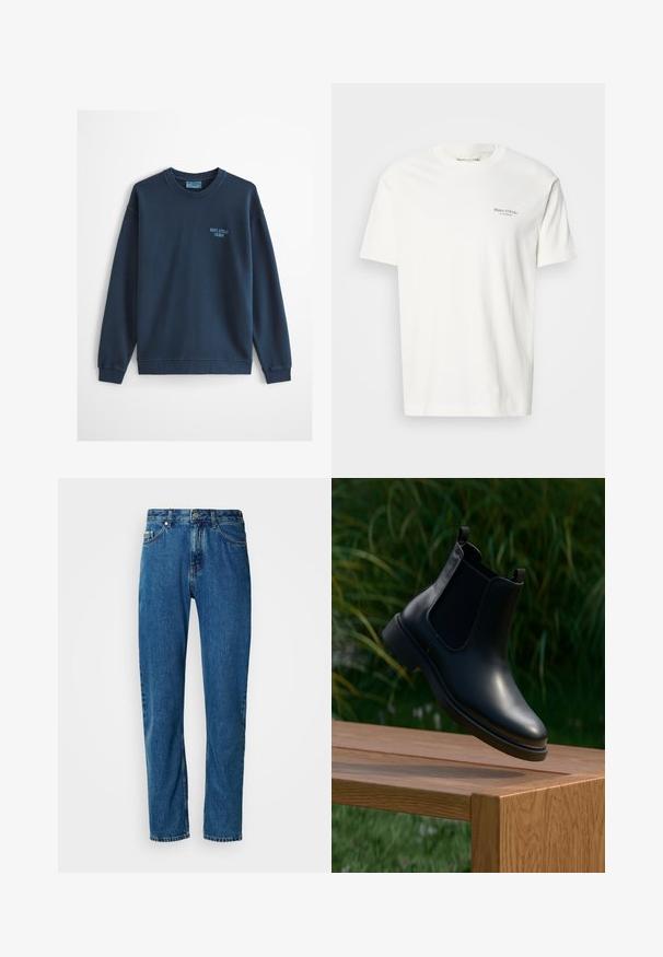 Svetlomodrá mikina s okrúhlym výstrihom, dlhými rukávmi a malým logom "Marc O'Polo Denim" na ľavej strane hrudníka.; Bavlnené tričko s okrúhlym výstrihom v off-white farbe s krátkymi rukávmi. Obsahuje malé sivé logo na hrudi. Hladká textúra a klasický strih.; Modré džíny s rovnými nohavicami, piatimi vreckami a predným zapínaním na gombík na bielom pozadí.; Čierne kožené členkové topánky s elastickými bočnými panelmi sú umiestnené nad drevenou lavičkou, v pozadí zelené listy.