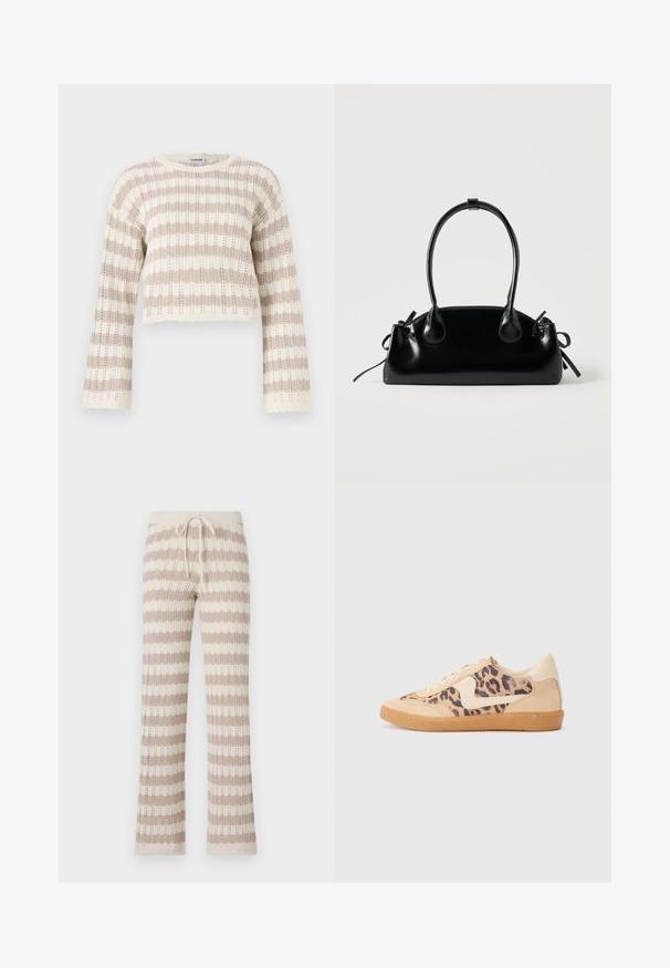 Suéter de punto de ganchillo en beige y crema, con mangas anchas, rayas horizontales y un diseño corto con bordes festoneados.; Pantalones de lounge de punto con rayas verticales en beige y crema, que cuentan con una cintura ajustable con cordón y una textura de punto abierto.; Zapatillas de leopardo con parte superior de ante beige, suela de goma marrón y acentos blancos. Punta redonda y diseño con cordones con un acabado texturado.; Pequeño bolso negro brillante con dos asas largas y detalles de cordón lateral sobre un fondo claro liso.