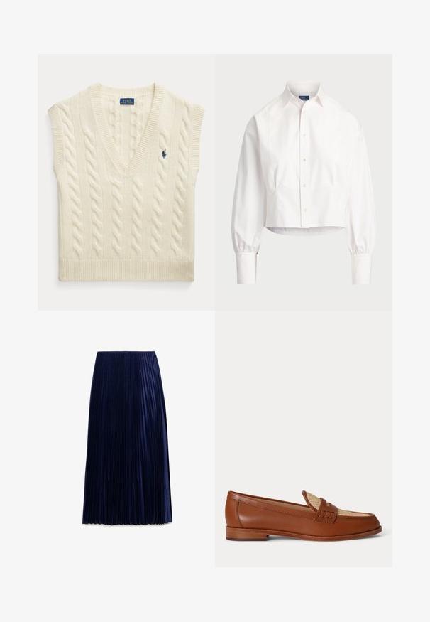 Mouwloos kabelgebreid truitje in crèmekleur met V-hals en klein donkerblauw Polo Ralph Lauren-logo op de borst.; Witte korte button-up blouse van katoen. Heeft een puntige kraag, lange puffmouwen en subtiele ronde naden. Klassiek ontwerp.; Navy geplooide midi-jurk gemaakt van lichte stof met een zachte textuur, voorzien van gelijkmatig verdeelde verticale plooien en een elastische tailleband.; Bruine leren loafer met geweven beige paneel bovenop, lage houten hak en traditioneel pennyriemontwerp op witte achtergrond.