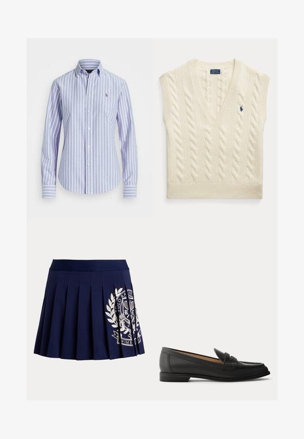 Krémová bezrukávová sveterová vesta s vrkočovým vzorom, výstrihom do V a malým tmavomodrým logom Polo Ralph Lauren na hrudi.; Svetlomodrá a biela vertikálne pruhovaná košeľa s dlhým rukávom na gombíky, s golierom a malým vyšívaným logom na hrudi.; Tmavomodrá plisovaná sukňa so širokým pásom a bielym tenisovým erbom na spodnej pravej strane.; Čierne dámske kožené mokasíny s nízkym podpätkom, zaoblenou špičkou a prešitými detailmi na vrchnej časti, zobrazené z boku na jednofarebnom pozadí.