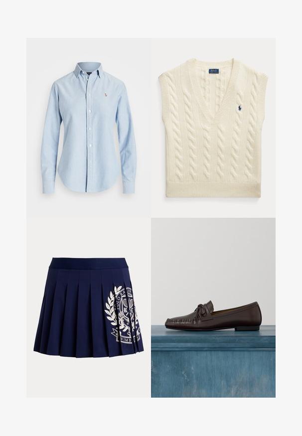 Gilet sans manches en maille torsadée couleur crème avec col en V et petit logo Polo Ralph Lauren bleu foncé sur la poitrine.; Chemise bleu clair à manches longues boutonnée avec col et petit logo brodé sur la poitrine gauche.; Jupe plissée bleu marine avec une large ceinture et un logo blanc à thème tennis sur le bas à droite.; Mocassins en cuir marron avec un bout arrondi, un détail de nœud et des surpiqûres décoratives le long du devant. Semelle plate en caoutchouc noir.