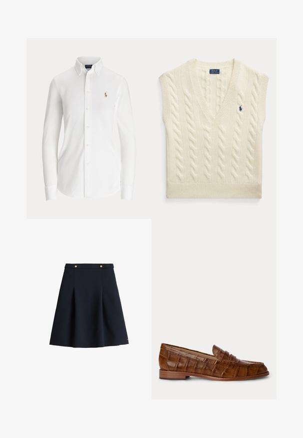 Ærmeløs sweatervest i cremet kabelstrik med V-hals og lille mørkeblå Polo Ralph Lauren-logo på brystet.; Hvid skjorte med lange ærmer og knapper, med knaplukket krave og lille broderet polo-spillerlogo på brystet.; En marineblå A-line nederdel lavet af et glat stof, med en flad talje, to gyldne knapper og subtile plisseringer for fylde.; Brun læderloafer med krokodillemønster, lavt træhæl og en rem tværs over toppen, vist mod en ensfarvet baggrund.