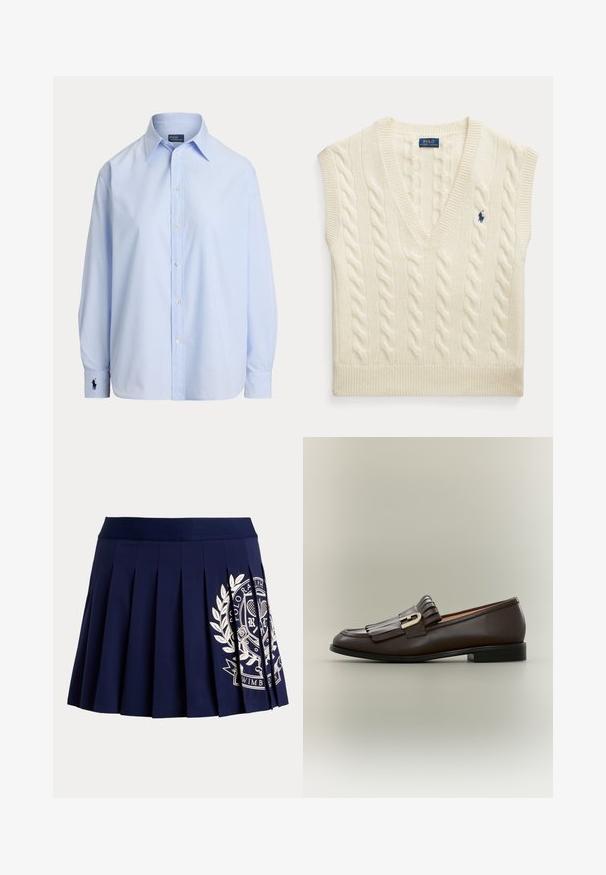 Gilet sans manches en maille torsadée couleur crème avec col en V et petit logo Polo Ralph Lauren bleu foncé sur la poitrine.; Chemise bleu clair à manches longues avec boutons, col pointu et logo brodé sur le poignet gauche, présentée sur fond blanc.; Jupe plissée bleu marine avec une large ceinture et un logo blanc à thème tennis sur le bas à droite.; Mocassin en cuir marron foncé avec détail à franges et boucle dorée sur fond neutre, vue latérale.