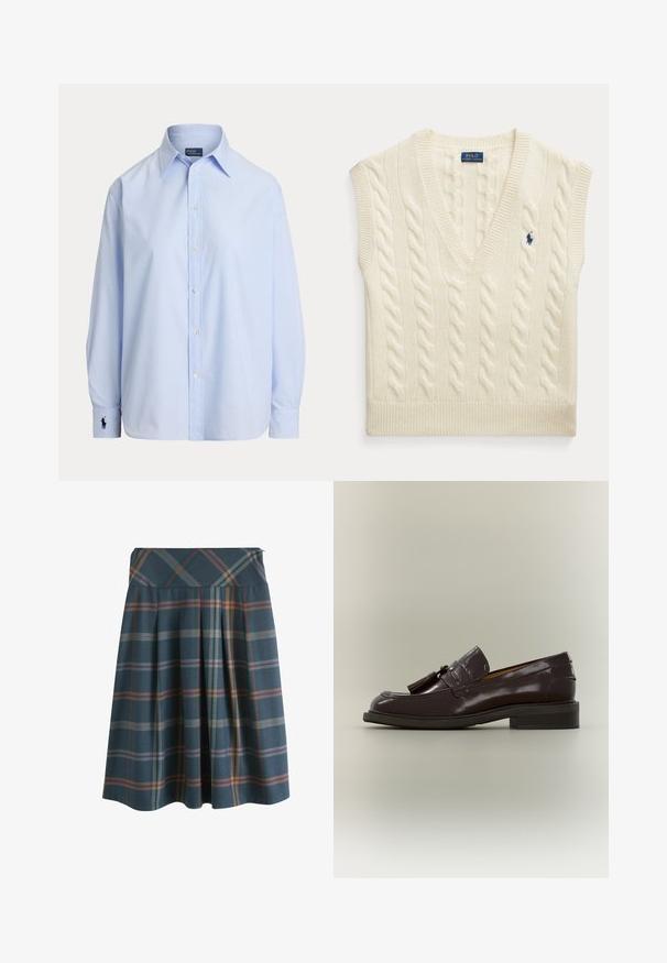 Krémová bezrukávová sveterová vesta s vrkočovým vzorom, výstrihom do V a malým tmavomodrým logom Polo Ralph Lauren na hrudi.; Svetlomodrá košeľa s dlhým rukávom s gombíkmi, so špicatým golierom a vyšitým logom na ľavom manžete, zobrazená na bielom pozadí.; Kolenná skladaná sukňa so širokým pásom, zobrazujúca modrý, oranžový a fialový károvaný vzor na tmavom pozadí.; Tmavohnedý kožený mokasín s strapcami, nízkym podpätkom a šitým podrážkom, zobrazený zboku na neutrálnom pozadí.