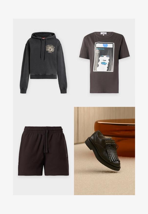 Black hooded sweatshirt with drawstrings, long sleeves, and a beige graphic with text on the upper left chest. No visible background objects.; Graphic t-shirt in dark gray cotton featuring a colorful print of a woman’s face with blue lips and a blue heart, round neckline, and short sleeves.; Black elastic waist shorts with drawstring, flat front, and side pockets, displayed on a plain light background.; Black leather lace-up shoe with decorative fringe and metal studs placed on beige carpet near brown furniture.
