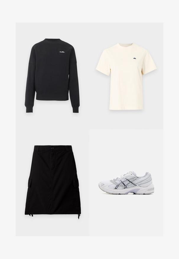 Zwarte crewneck sweatshirt met lange mouwen en een klein wit "ellesse" logo op de linkerborst, weergegeven op een effen lichtgrijze achtergrond.; Crèmekleurig T-shirt met korte mouwen en ronde hals met klein zwart halfcirkel-logo op de linkerborst, effen ontwerp op lichtgrijze achtergrond.; Zwarte cargorok van een katoenmengsel met een rechte snit, voorzien van zijzakken, een voorste knoopsluiting en een verstelbare drawstring onderrand.; ASICS SportStyle GEL 1130 - Sneakers laag - white/carrier grey