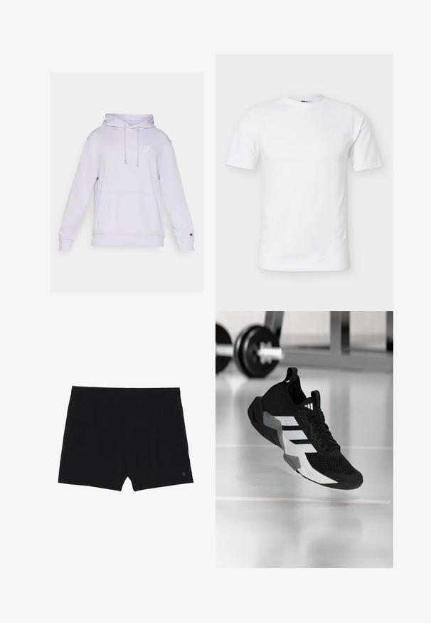 Licht paarse hoodie met een kangoeroezak, capuchon met trekkoord en een klein wit logo op de borst. Gemaakt van zachte stof met geribde manchetten.; Effen witte T-shirt met korte mouwen, ronde hals, minimalistisch ontwerp en subtiel logo op de linkerbovenborst.; Zwarte sportshorts met een gladde textuur, elastische tailleband en twee zijzakken. Voorzien van een klein logo aan de onderzijde rechts.; Zwart sportief schoen met een mesh bovenwerk, witte strepen en grijze accenten. Voorzien van een gevoerde kraag en een rubberen zool. Geschikt voor gebruik in de sportschool.