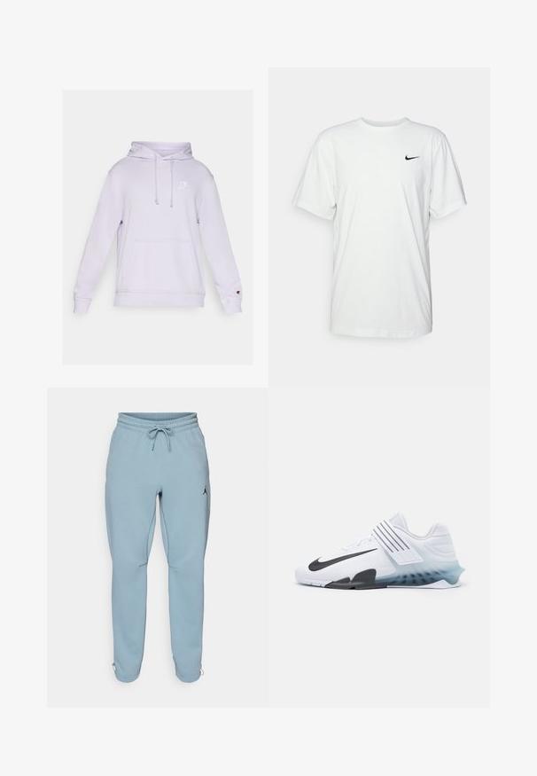 Sudadera de lavanda clara con bolsillo tipo canguro, capucha con cordón y un pequeño logo blanco en el pecho. Fabricada en una tela suave con puños acanalados.; Camiseta de algodón blanca con mangas cortas, escote redondo y un logo negro de Nike en el lado izquierdo del pecho. Tejido suave y ligero.; Pantalones deportivos de un azul claro, confeccionados en una tela suave, con una waistband elástica y cordón, bolsillos laterales y un pequeño logo negro en el muslo.; Zapato atlético blanco con el logotipo negro de Nike, parte superior de malla, tres franjas negras y una suela con degradado de azul a transparente. Presenta acentos reforzados.