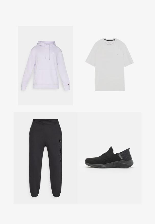 Sudadera de lavanda clara con bolsillo tipo canguro, capucha con cordón y un pequeño logo blanco en el pecho. Fabricada en una tela suave con puños acanalados.; Camiseta blanca de manga corta con cuello redondo, que presenta mangas raglán, un logo sutil en el pecho y un ribete de color contrastante en el cuello.; Pantalones deportivos negros con cintura elástica y puños elásticos. Presentan un ligero brillo y un logo texturizado en la pierna izquierda.; Zapatos negros de tipo slip-on con parte superior de malla transpirable, diseño texturizado, suela flexible y plantilla suave y acolchada.