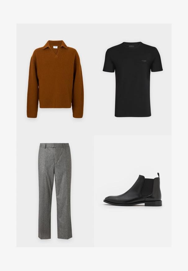 Brauner, gerippter Strickpullover mit V-Ausschnitt und Kragen, langen Ärmeln und lockerer Passform. Strukturiertes Material erhöht das visuelle Interesse.; Schwarzes kurzärmeliges T-Shirt mit Rundhalsausschnitt und kleinem grauem "GUESS"-Logo auf der linken Brust, dargestellt vor weißem Hintergrund.; Graue maßgeschneiderte Hose aus einem strukturierten Stoff, gerade Passform, mit Fronttaschen und flachem Bund. Keine sichtbaren Verschlüsse.; Schwarze Leder-Chelsea-Stiefel mit elastischen seitlichen Riemen, einer abgerundeten Kappe und einem niedrigen Absatz. Glatte Textur mit minimalistischer Gestaltung.