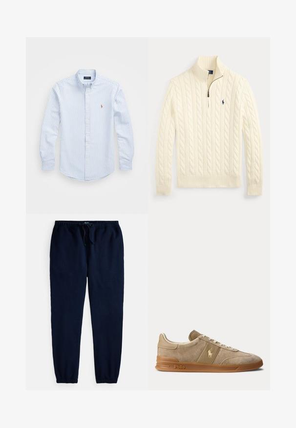 Pull en maille torsadée crème avec une fermeture éclair au quart et un petit logo bleu marine brodé sur la poitrine gauche.; Chemise à rayures bleu clair et blanche, à boutons, avec un col, des manches longues et un petit logo brodé sur la poitrine. Matériau en coton.; Pantalon de détente en coton bleu marine avec une texture côtelée, une taille élastique, un cordon de serrage ajustable et des poignets resserrés aux chevilles.; Basket basse beige en daim et cuir avec semelle en gomme, lacets blancs, et logo Polo sur le côté et la semelle.