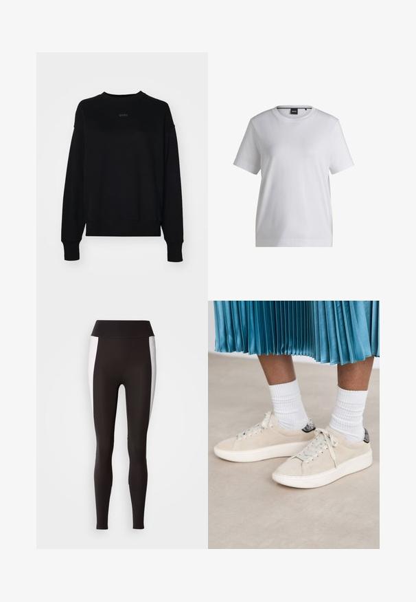 Must on puuvillasegust valmistatud must sweatshirt, millel on pikad varrukad, ümmargune kaelus ja keskel peene logo. Kastikujuline sobivus ja ribaga mansetid.; Valge puuvillane T-särk ümmarguse kaelusega, lühikeste varrukatega ja vabalt langeva lõikega. Omab väikest brändi sildikest krae lähedal.; Mustad mustad, laia vöökoha äärisega, valgete külgpaneelide aktsentidega. Valmistatud venivast kangast, millel on sile tekstuur ja sobiv lõike.; Beežist nubukist treeningjalanõud valge kummist tallaga ja lipsuga kinnitusega. Vooderdatud tekstuuriga musta seljatoega. Kandmiseks valged soonilised sokid.