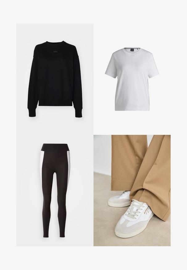 Must on puuvillasegust valmistatud must sweatshirt, millel on pikad varrukad, ümmargune kaelus ja keskel peene logo. Kastikujuline sobivus ja ribaga mansetid.; Valge puuvillane T-särk ümmarguse kaelusega, lühikeste varrukatega ja vabalt langeva lõikega. Omab väikest brändi sildikest krae lähedal.; Mustad mustad, laia vöökoha äärisega, valgete külgpaneelide aktsentidega. Valmistatud venivast kangast, millel on sile tekstuur ja sobiv lõike.; Valged tenniset jalatsid, millel on nahast aksendid, tekstuuriga nöörid ja kummist talla. Kõrvuti laia tan värvi pükstega. Logo on külje peal.
