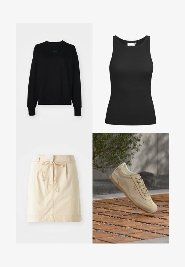 Sweatshirt noir en mélange de coton, avec des manches longues, un col rond et un logo discret au centre. Coupe ample avec des poignets côtelés.; Débardeur noir en tissu côtelé, avec un décolleté en forme de rond et une coupe ajustée. Coutures plates et sans ornements. Design simple et épuré.; Jupe kaki en tissu léger avec une taille ajustée, des détails de cordon de serrage, des plis et des coutures subtiles. Texture lisse.; Baskets en daim beige avec lacets et logo « BOSS », flottant au-dessus d'une surface carrelée avec de la verdure et des ombres en arrière-plan.