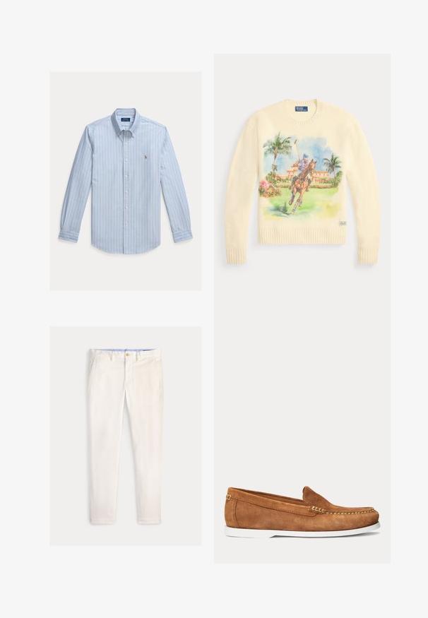 Kremfarvet sweater med farverigt tryk af en polospiller, der rider på en hest med palmer og en bygning i baggrunden.; Lyseblå langærmet skjorte med hvide lodrette striber og et lille broderet Polo Ralph Lauren-logo på brystet.; Herre slim-fit off-white bukser med frontlommer, bæltestropper og knaplukning på en ensfarvet baggrund.; Brun ruskindslipper med hvid sål og beige syninger langs tåen og øverste kant vist i sideprofil på ensartet baggrund.