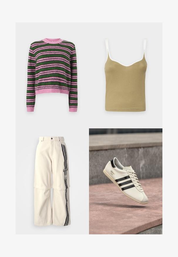 Triibuline kampsun roosade ja roheliste toonidega, valmistatud pehmest materjalist, ümar kaelusega ja soonikuliste mansettidega, mis lisavad tekstuuri.; Khaki ribaga tank top valgete aktsentidega, millel on ümmargune kaelus ja õhukesed rihmad. Sile tekstuur, keha lähedane disain.; Beežid laiad püksid, mis on valmistatud puuvillast, musta kolmestriibulise kujundusega külje peal ja Adidas logo plaastriga reie peal.; Valge Adidas tennisejalats mustade triipude ja beežiga tallaga, hõljumas roosaka betoonpinna ja halli kivi tausta kohal.