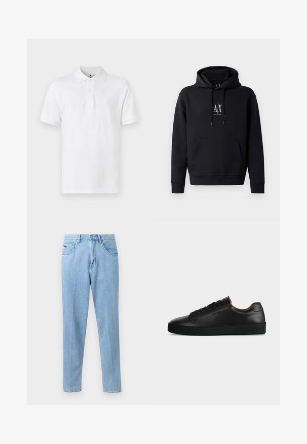 Haut à capuche noir en mélange de coton doux, avec une poche frontale, un capuchon à cordon de serrage et un petit logo sur la poitrine. Design simple et décontracté.; Polo shirt blanc en coton, doté d'un col classique, de manches courtes et d'un logo subtil brodé sur la poitrine.; Jean en denim bleu clair à coupe droite avec poches avant, passants de ceinture et fermeture à bouton sur un fond neutre.; Basket basse en cuir noir avec lacets noirs, semelle en caoutchouc texturée et petit logo embossé sur le côté, présenté de profil sur fond gris.