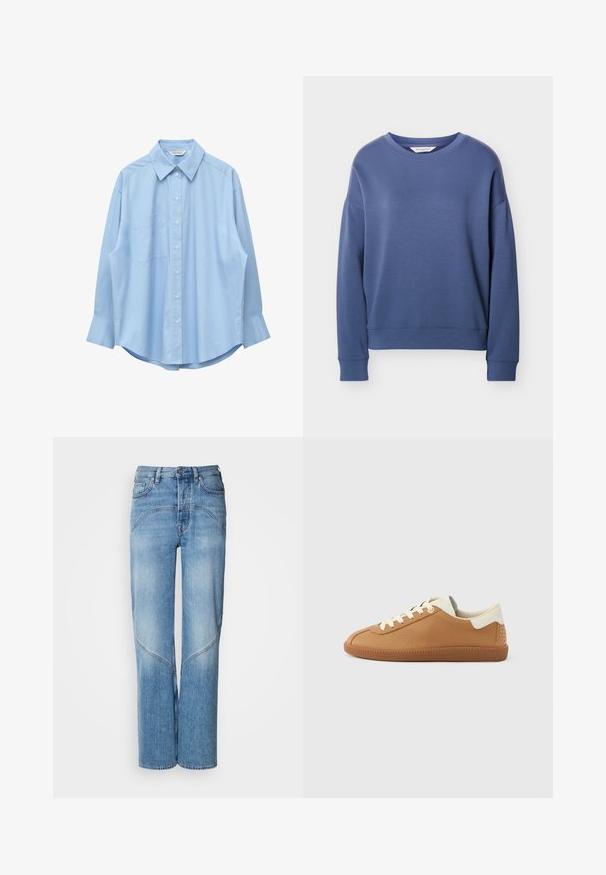Sweat-shirt bleu à manches longues, col rond, avec poignets et ourlet côtelés, présenté sur un fond gris clair uni.; Chemise bleu clair à manches longues avec col pointu et poche poitrine gauche, présentée à plat sur un fond blanc.; Un jean en denim bleu clair avec une coupe décontractée, des jambes larges et des détails de couture incurvés. Le tissu a une texture lisse avec un léger délavage.; Baskets en cuir marron avec fermeture à lacets crème, finition texturée et accent talon blanc orné de détails cloutés. Semelle en caoutchouc.