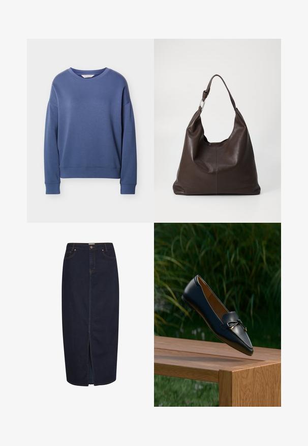 Blå langærmet sweatshirt med rund hals og ribstrikkede manchetter og kant, vist på en ensformig lys grå baggrund.; Mørk denim maxi-nederdel med en frontslids. Har orange syninger og et klassisk fem-lomme design. Knaplukning i taljen.; Sort læderloafer med detaljeret sløjfe, der svæver over en træbænk med grøn græs og planter i baggrunden.; Zign by Zalando LEATHER - Shopping bags - chocolate brown