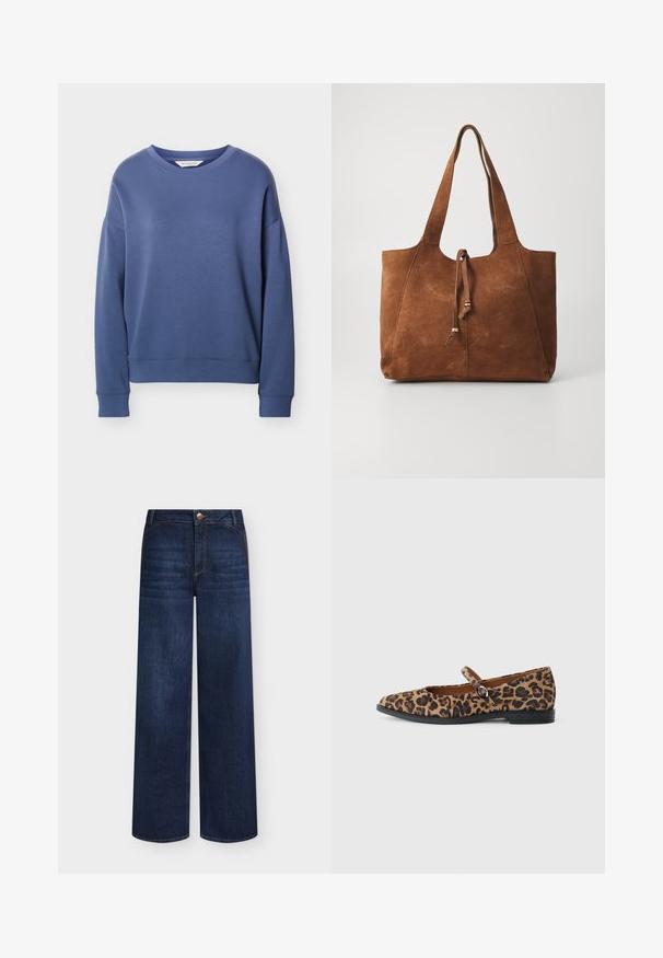 Blå langærmet sweatshirt med rund hals og ribstrikkede manchetter og kant, vist på en ensformig lys grå baggrund.; Mørkeblå denim jeans med vide ben, forlommer, knaplukning og diskret falmning på forsiden af lårene.; Leopardmønstrede flade sko med rund tå, en sort rem over vristen og en lav sort sål. Blødt stof tekstur.; Brun ruskinds tote bag med to lange håndtag, snøre lukning og glat tekstur. Har et enkelt design og minimale accenter.