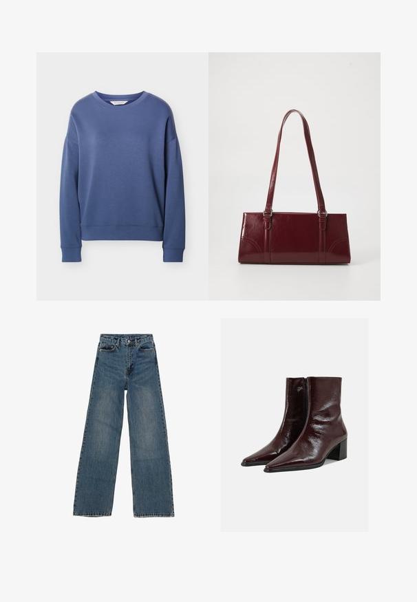 Blauwe lange mouwen trui met ronde hals en geribbelde boorden aan mouwen en zoom, afgebeeld op een effen lichtgrijze achtergrond.; Blauwe denim wijd uitgesneden jeans met een hoge taille, vijf zakken en contrasterende stiksels. Vervagingen en lichte slijtage zichtbaar op de stof.; Glinsterende donkerbruine leren enkellaarzen met puntige neuzen, een zijrits en blokhakken op een effen lichtgrijze achtergrond.; Bourgondische handtas van glanzend materiaal, rechthoekige vorm, met twee schouderbanden en subtiele gebogen accenten aan de voorkant.