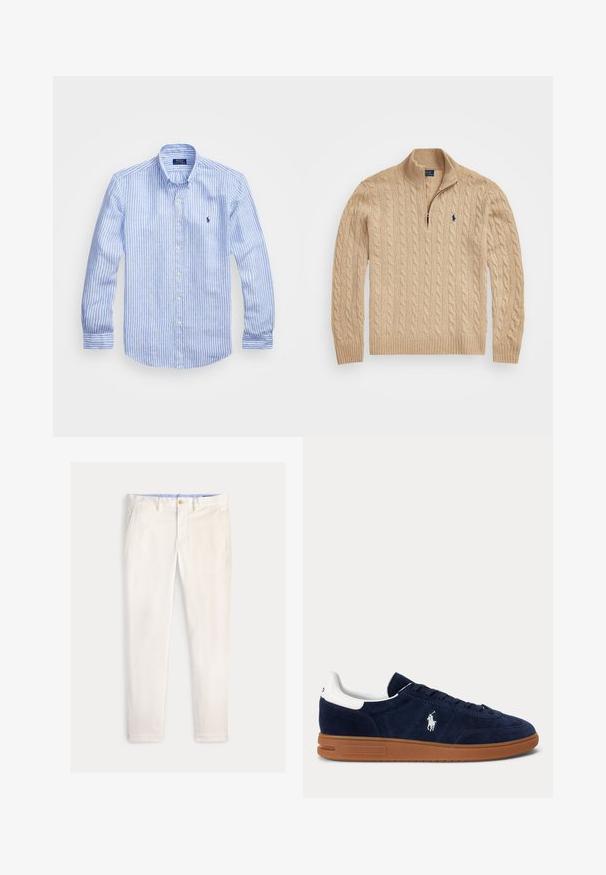 Beige kabelstrikket sweater med kvart lynlås krave, ribbede kanter og ærmer, med et lille logo på brystet. Blødt, struktureret stof.; Blå og hvid stribet langærmet skjorte lavet af bomuld, med knap-ned krave, frontknapper og et lille broderet logo på brystet.; Herre slim-fit off-white bukser med frontlommer, bæltestropper og knaplukning på en ensfarvet baggrund.; Mørkeblå ruskindssneaker med hvid hælflap, broderet logo på siden, brun gummisål og sorte snørebånd.