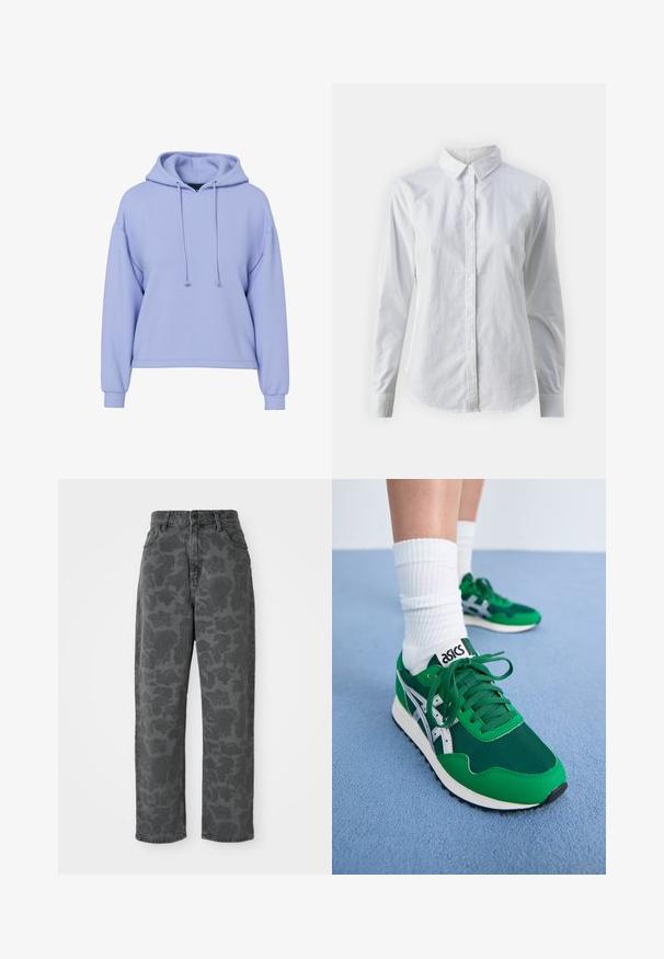 Lyse lilla cropped hoodie med lange ærmer, snore foran og ribbede manchetter på en hvid baggrund.; Hvid skjorte med knapper lavet af glat bomuld, der har en klassisk krave, lange ærmer og en buet kant. Knapperne er små og hvide.; Grå denimbukser med et blomstermønster, høj talje, lige ben og klassisk fem-lomme design. Holdbart stof med en let tekstur.; Grønne mesh- og syntetiske sneakers med hvide accenter og sort gummisål. Har snøringer, polstret krave og ASICS-logo på tungen.